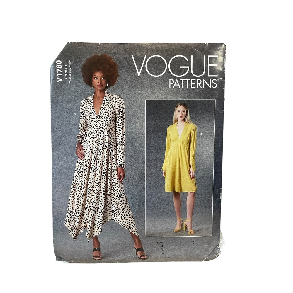 Vogue Sewing Pattern V1780 Misses Dress XS-MED White Loose Fit Deep V-Neck